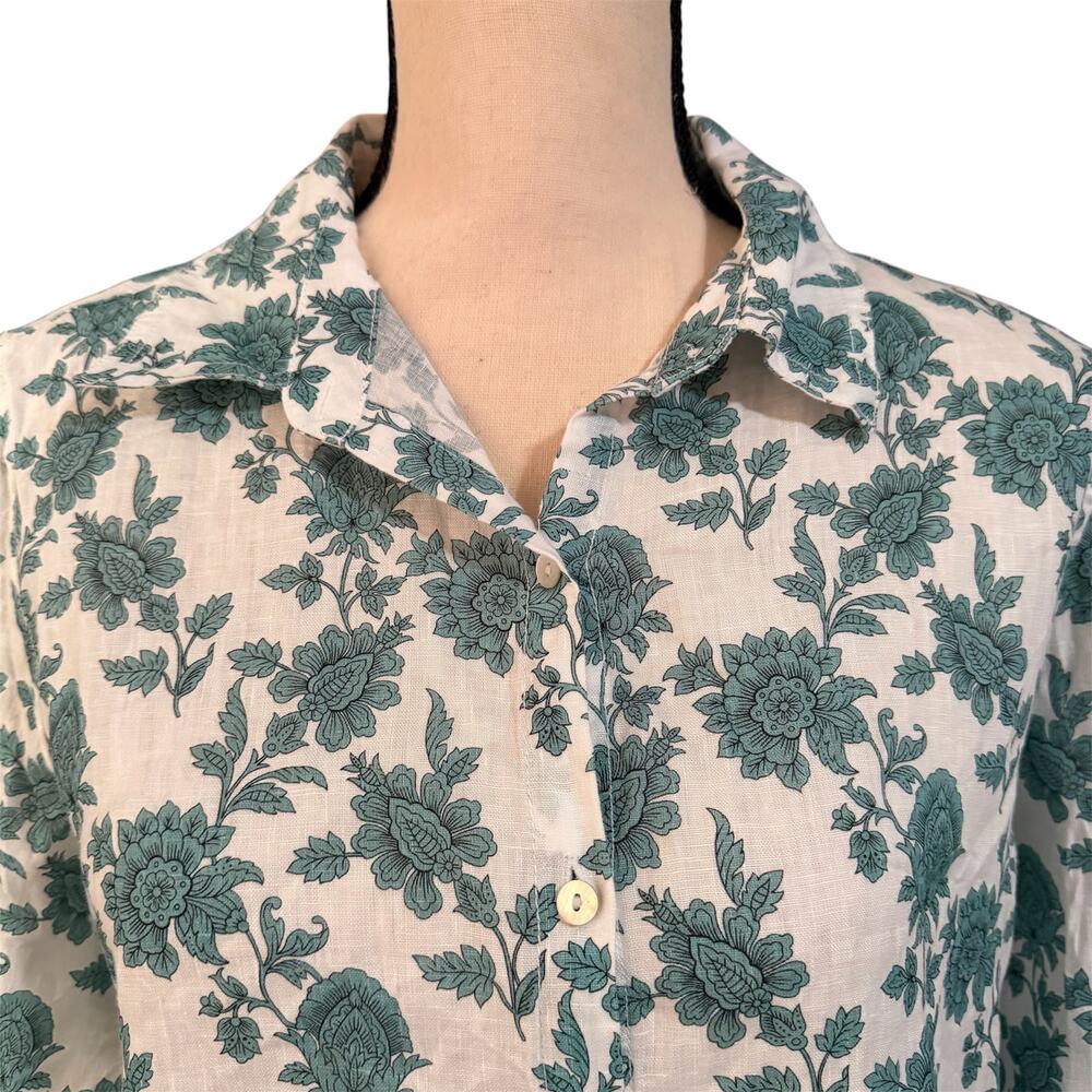 Cynthia Rowley Women's White Teal Floral 100% Linen Lagenlook Top Sz M Summer